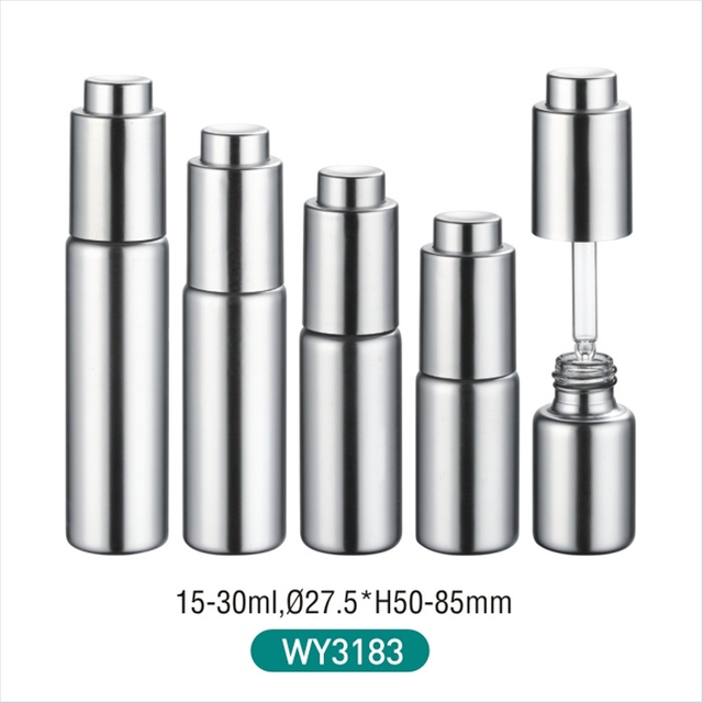 15ml 20ml 25ml 30ml 35ml Botol Kaca Tabung Bentuk Bulat Perak dengan Penetes Pompa Perak untuk Kemasan Kosmetik dan Botol Serum