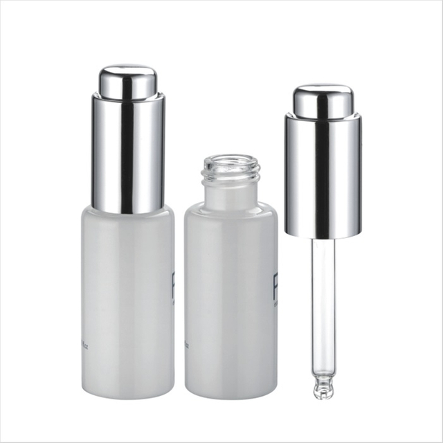 8ml 10ml 15ml 20ml 25ml 30ml 35ml 40ml Botol Kaca Bulat Putih dengan Penetes Pompa Perak Mengkilap untuk Serum